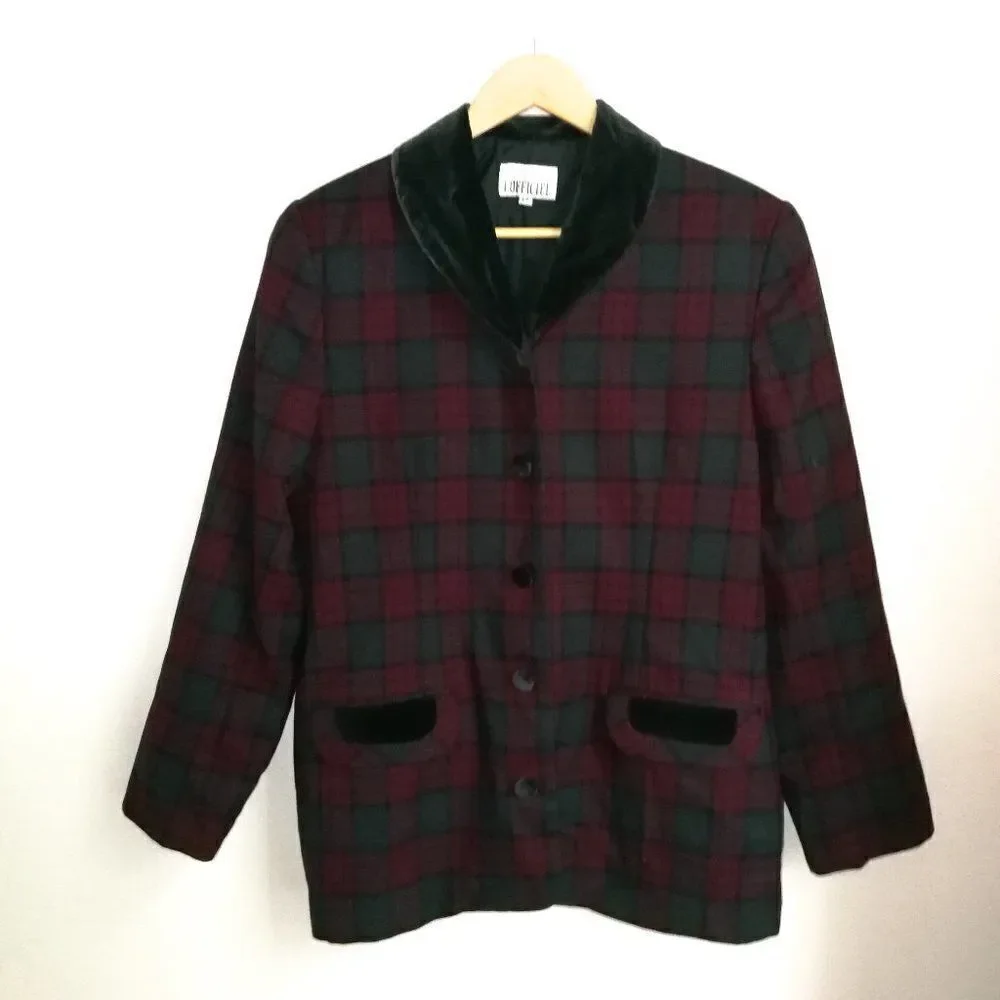 Vintage Holiday Plaid Tartan Red & Green Preppy Simple Breasted Velvet Blazer L - Picture 3 of 15